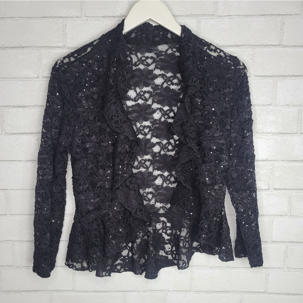 Black Lace Sequin Open Front Ruffled Cardigan